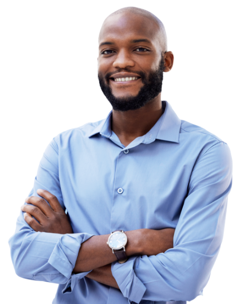 A smiling Black man with a beard, arms crossed, wearing a blue shirt and a watch, on a transparent background.